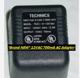*Brand NEW* Technics TEAC-41-120700U PT0700U2 TEAC41120700U 12VAC 700mA AC Adapter